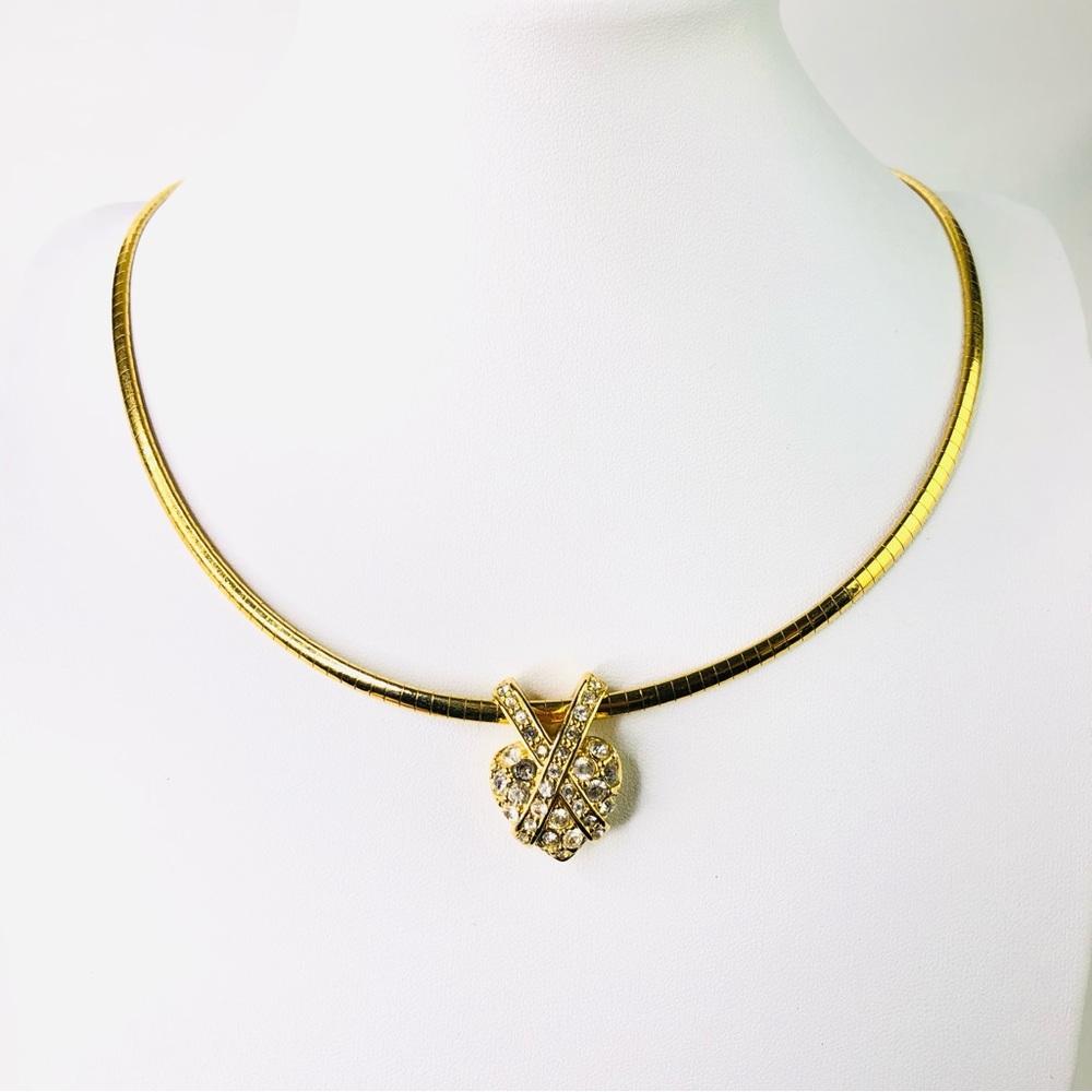 Vintages Nolan Miller Necklace Choker Rhinestone Crystal Heart Cross Pendant